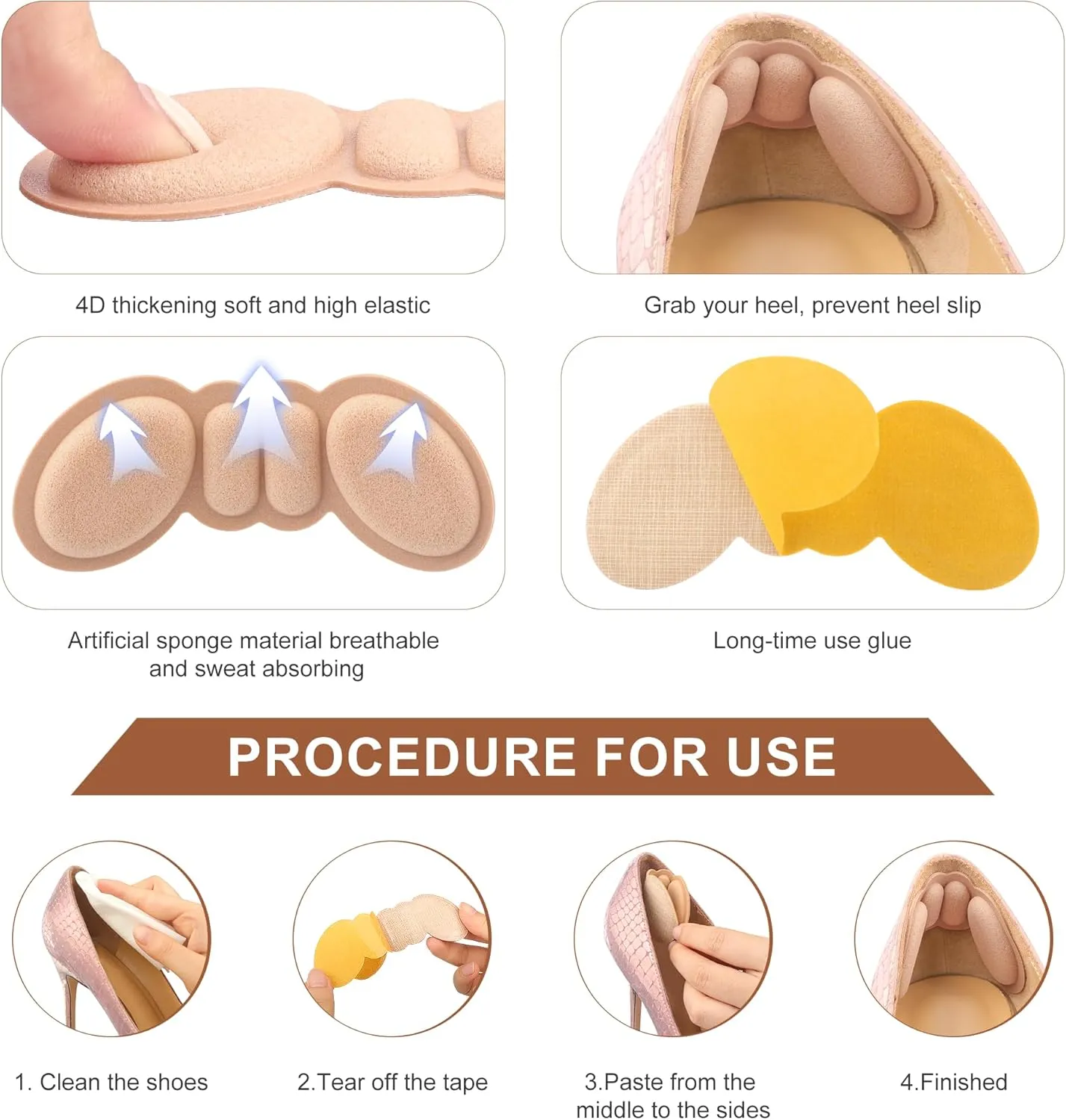 4 Pairs Rosy Brown Heel Pads for Shoes - Prevent Blisters & Enhance Fit