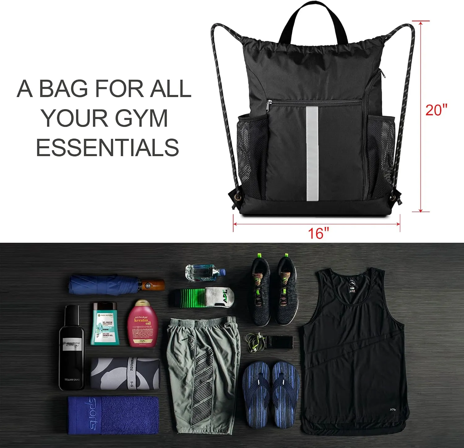 BeeGreen Drawstring Backpack Sports Gym Bag With Shoe Compartment and Two Water Bottle Holder 
