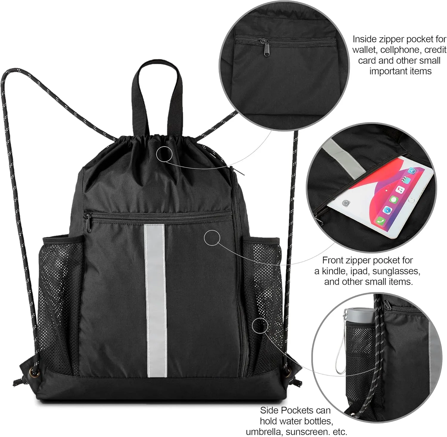 BeeGreen Drawstring Backpack Sports Gym Bag With Shoe Compartment and Two Water Bottle Holder 
