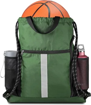 BeeGreen Drawstring Backpack Sports Gym Bag With Shoe Compartment and Two Water Bottle Holder 