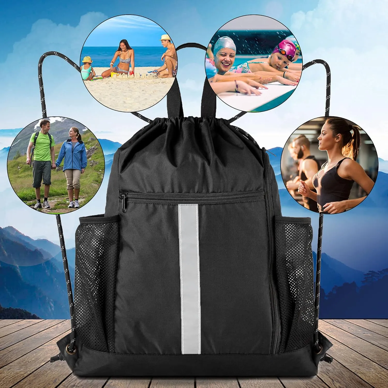 BeeGreen Drawstring Backpack Sports Gym Bag With Shoe Compartment and Two Water Bottle Holder 