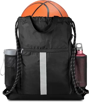 BeeGreen Drawstring Backpack Sports Gym Bag With Shoe Compartment and Two Water Bottle Holder 