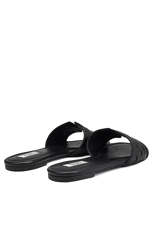 Black Woven Leather Sliders