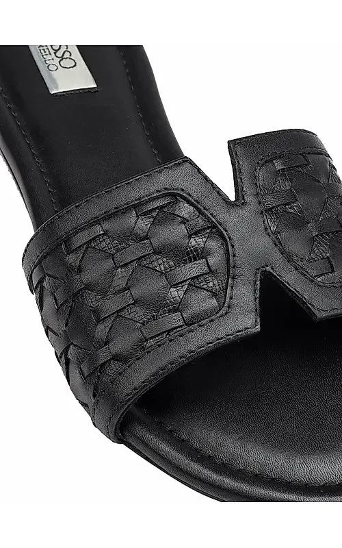 Black Woven Leather Sliders