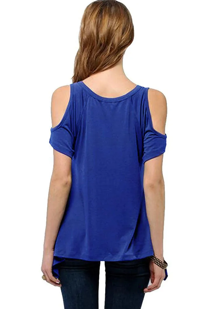 Blue V Neck Cold Shoulder Swing Top