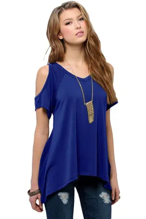Blue V Neck Cold Shoulder Swing Top