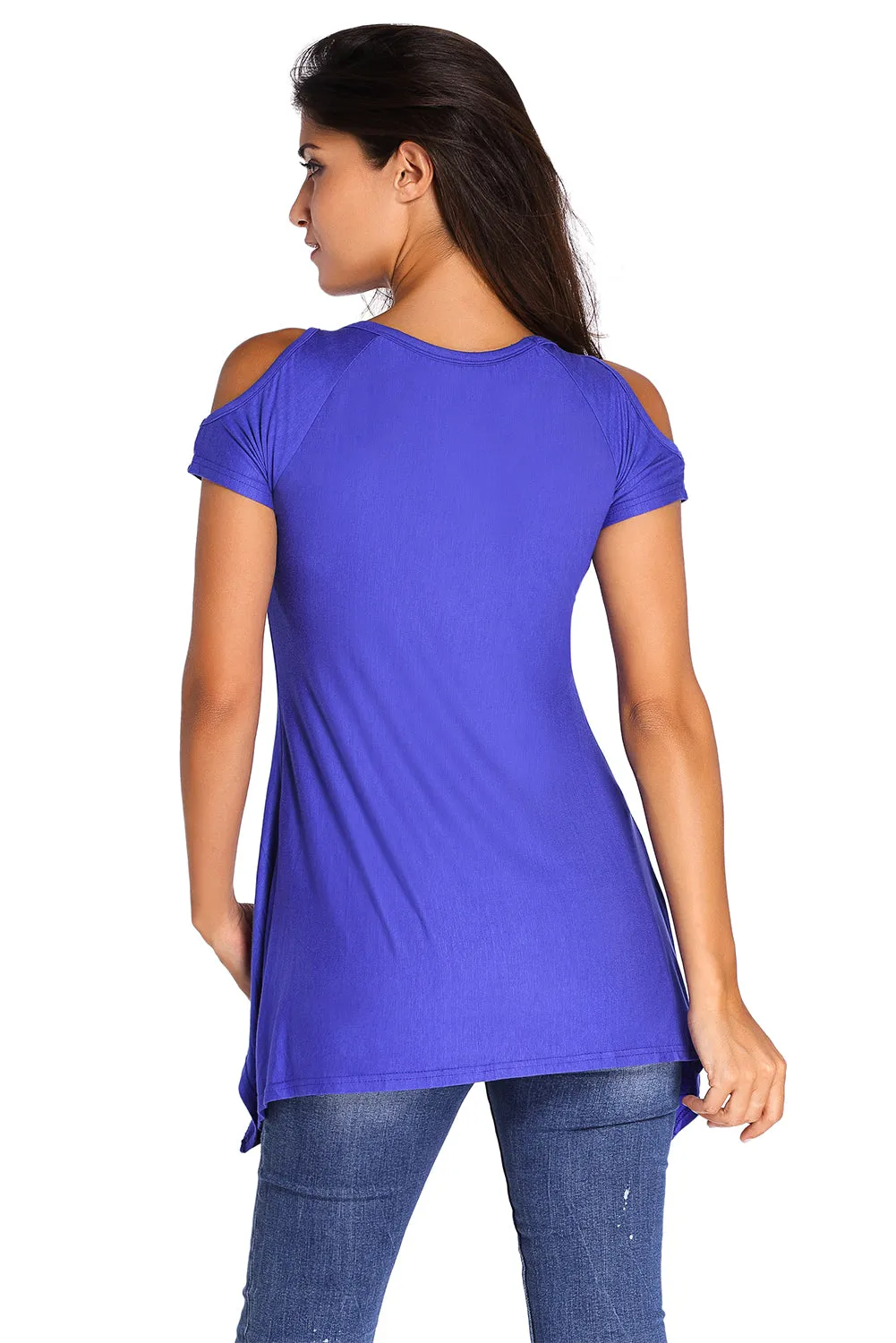 Blue V Neck Cold Shoulder Swing Top