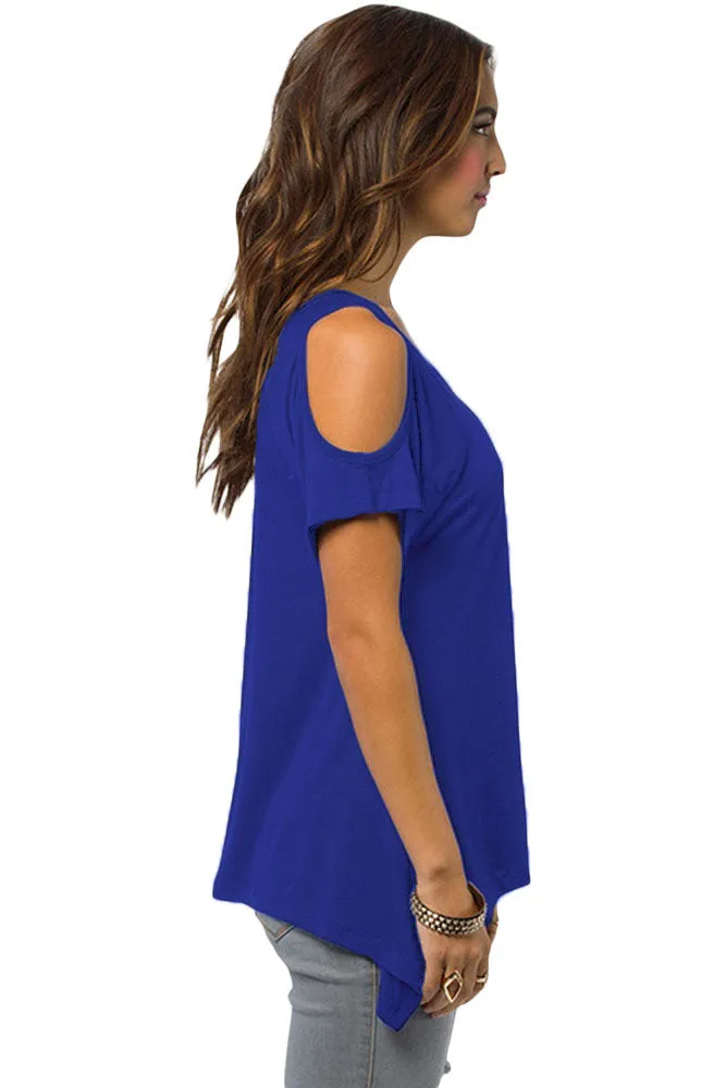 Blue V Neck Cold Shoulder Swing Top