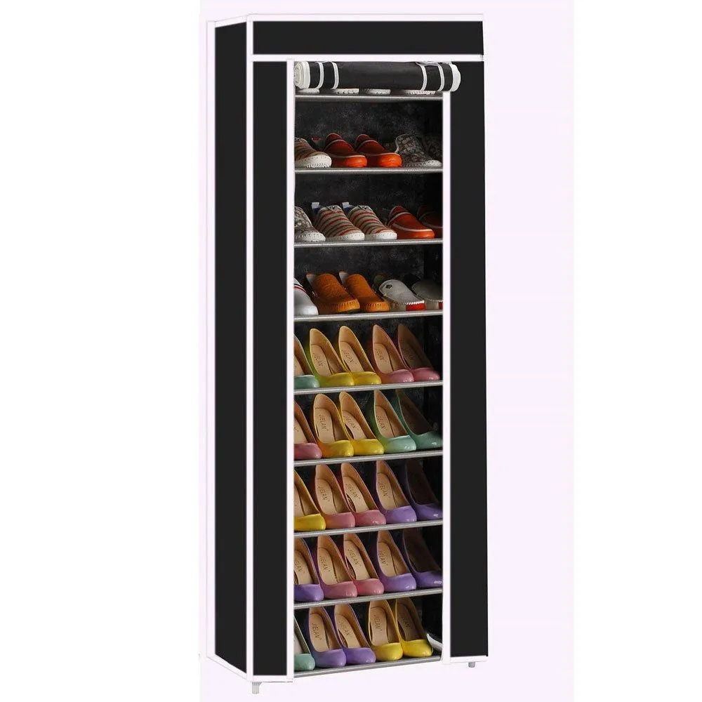 civilys 10-Tier Shoe Tower Rack with Cover 27-Pair Space Saving Closet Shoe Storage Boot Organizer Cabinet (US Stock) (Black)