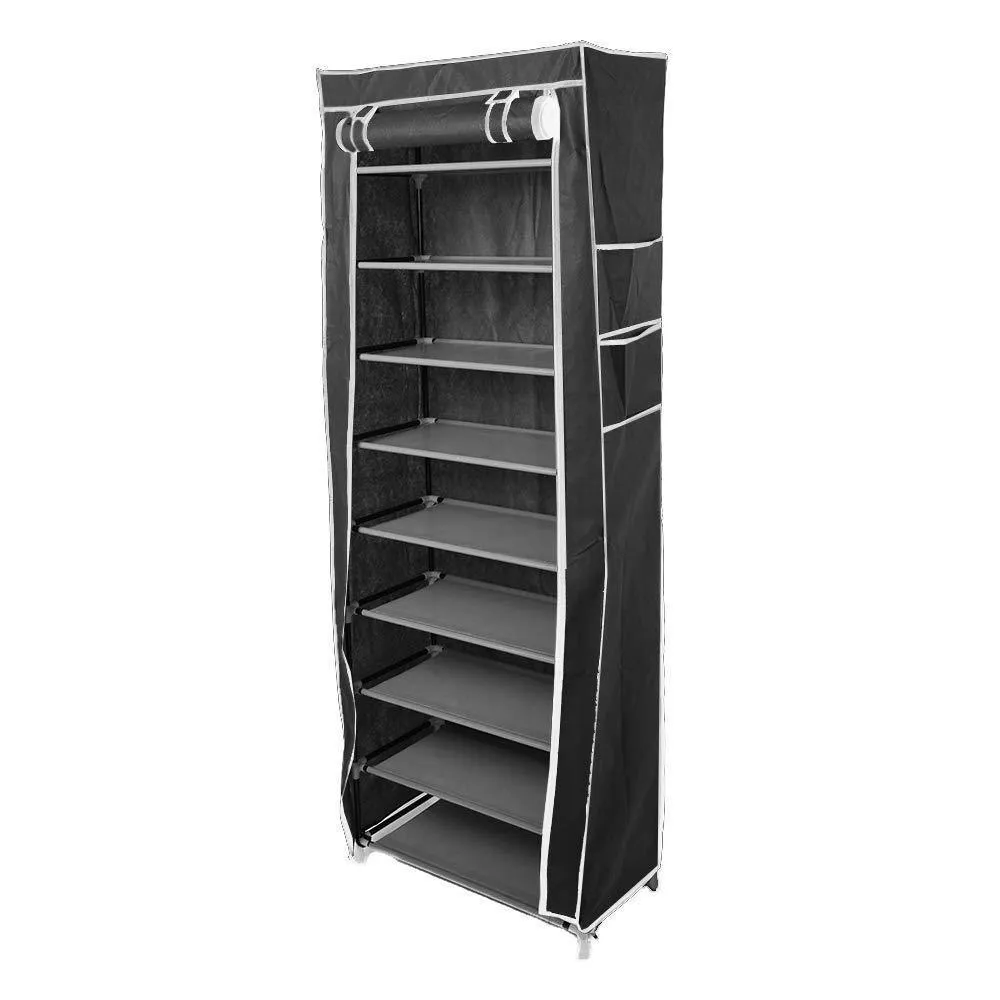 civilys 10-Tier Shoe Tower Rack with Cover 27-Pair Space Saving Closet Shoe Storage Boot Organizer Cabinet (US Stock) (Black)