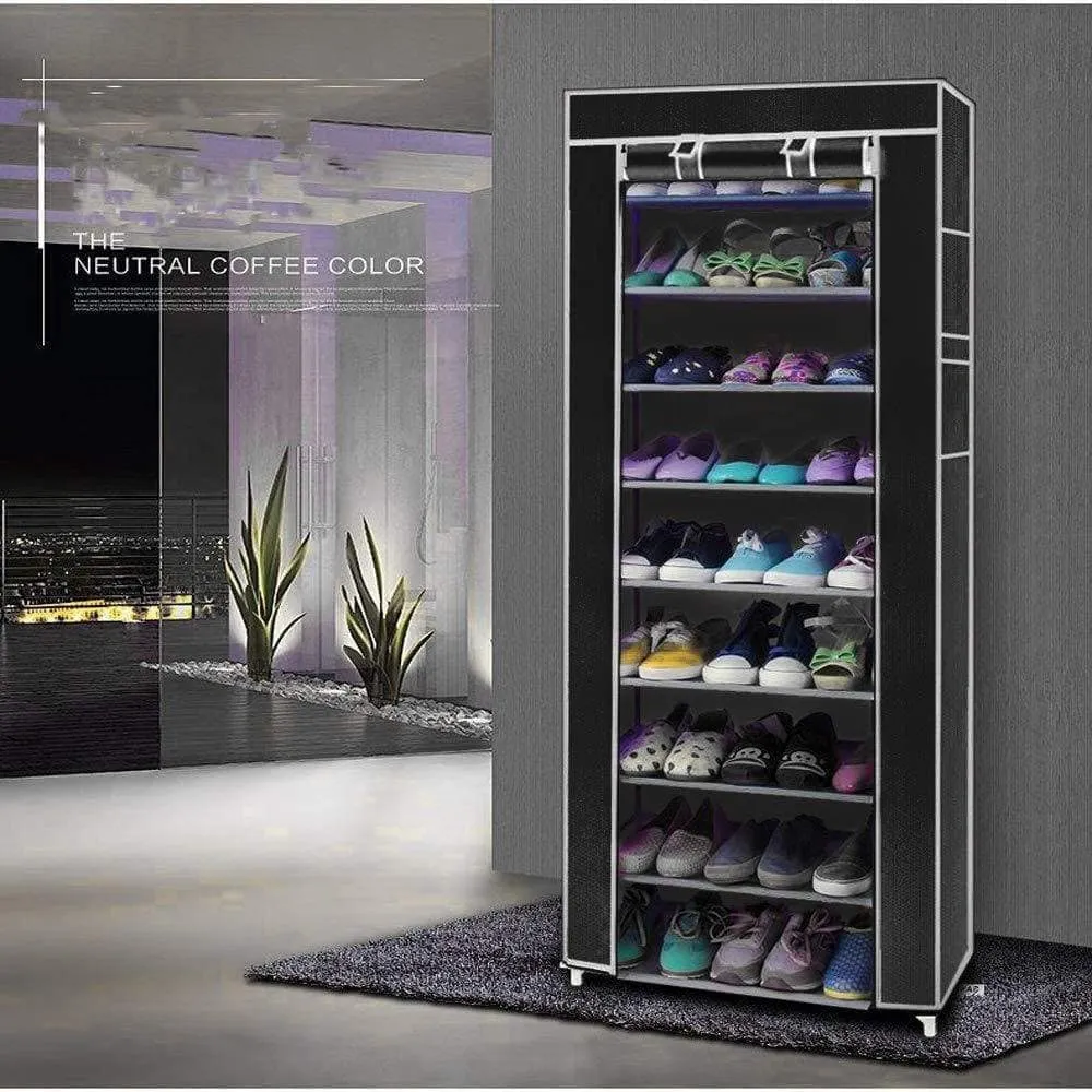 civilys 10-Tier Shoe Tower Rack with Cover 27-Pair Space Saving Closet Shoe Storage Boot Organizer Cabinet (US Stock) (Black)