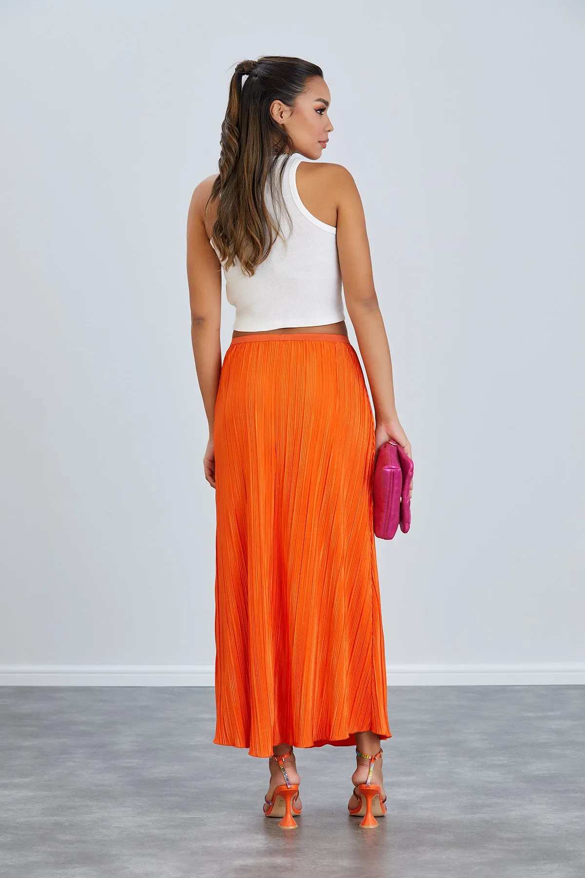 Elegant Pleat Midi Skirt in Vibrant Orange