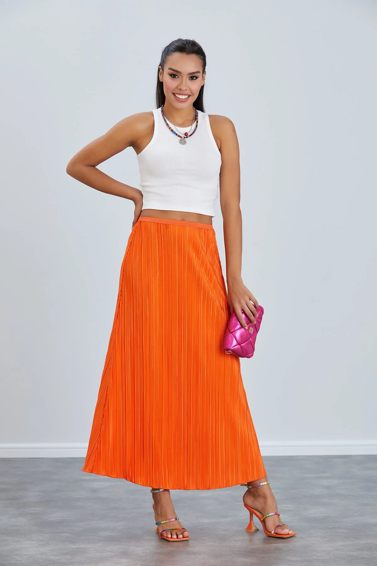 Elegant Pleat Midi Skirt in Vibrant Orange