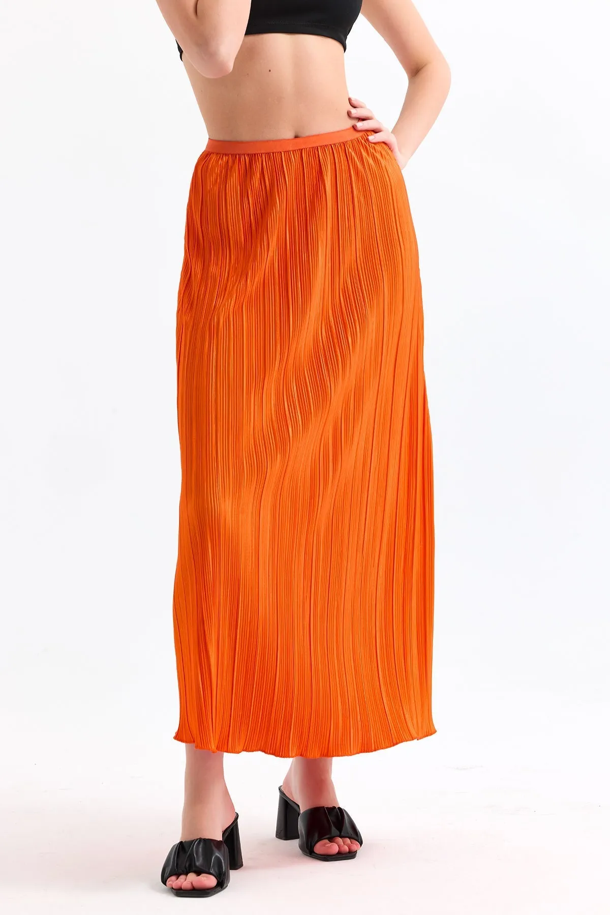 Elegant Pleat Midi Skirt in Vibrant Orange