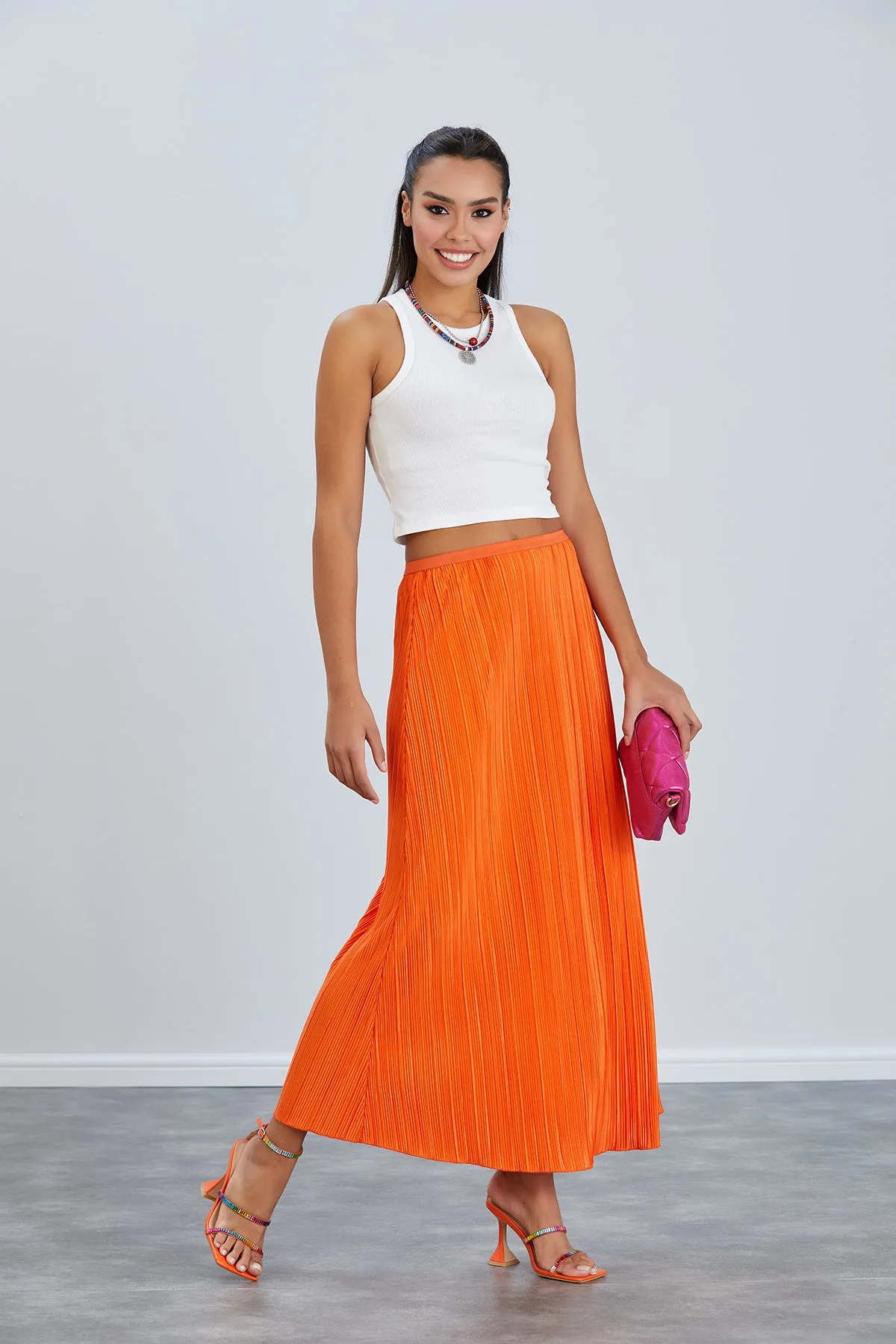 Elegant Pleat Midi Skirt in Vibrant Orange
