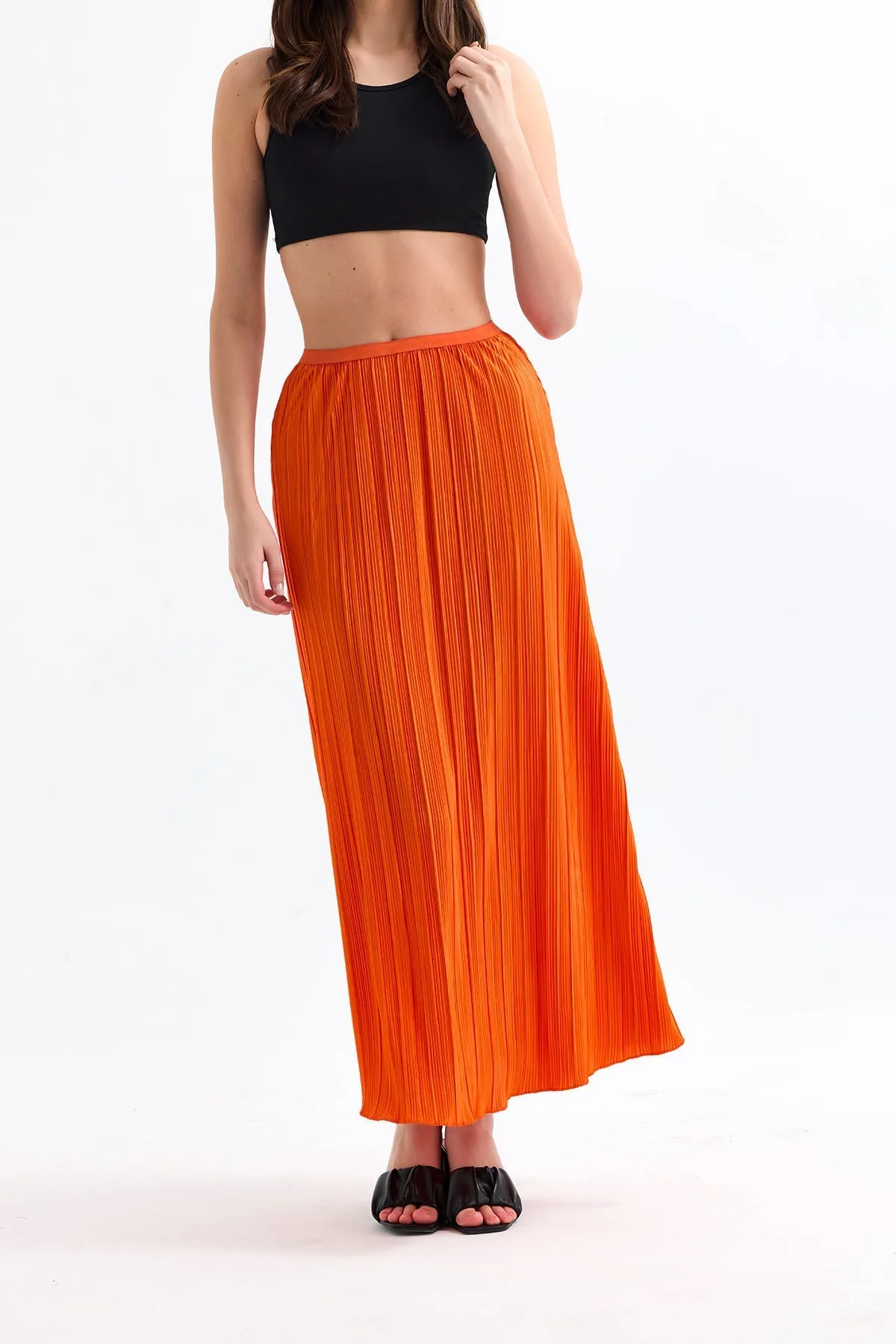 Elegant Pleat Midi Skirt in Vibrant Orange