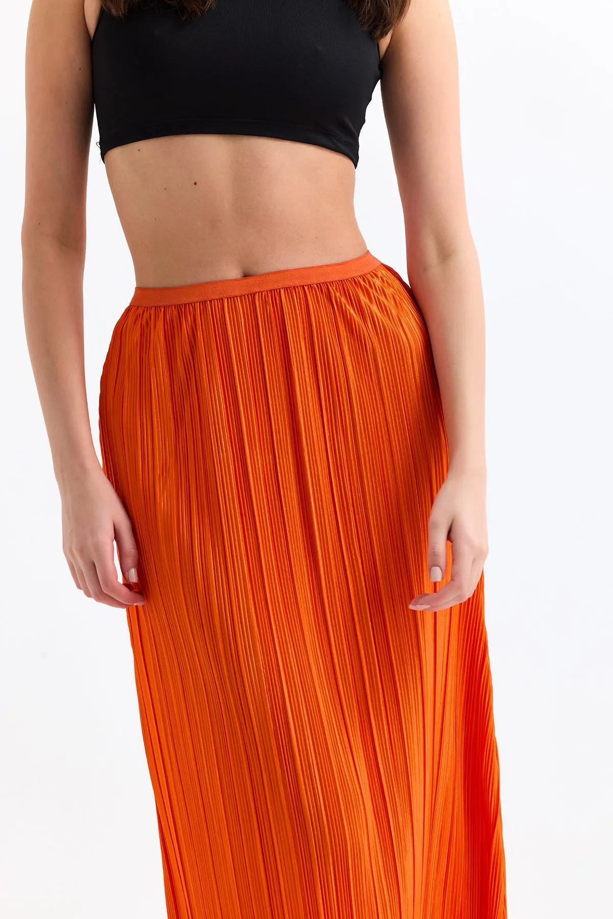 Elegant Pleat Midi Skirt in Vibrant Orange