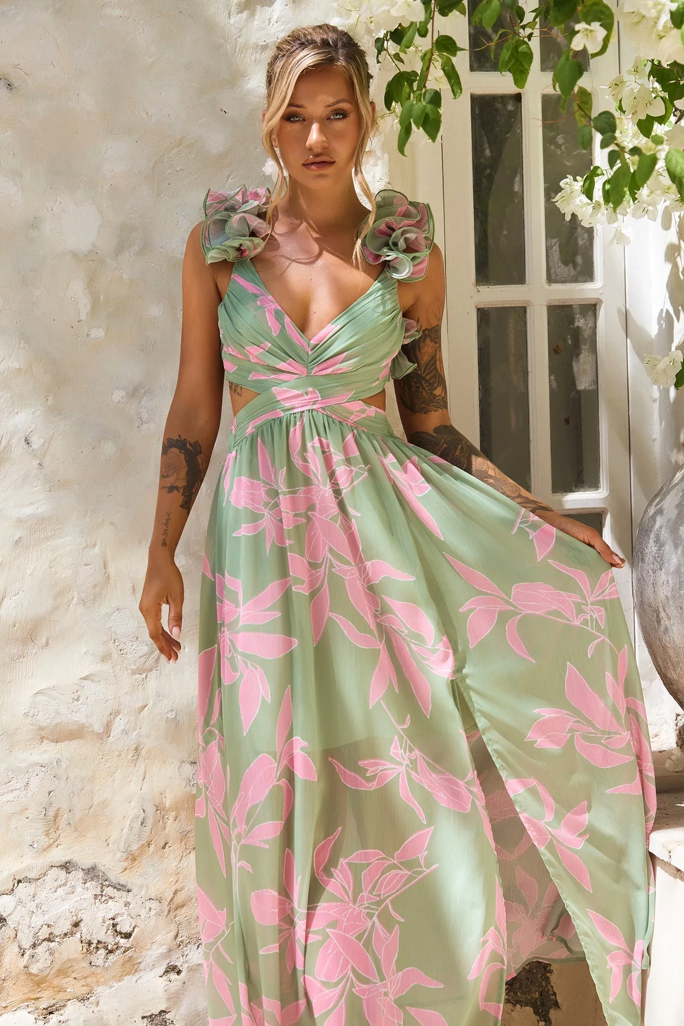 Ethereal Blossom Maxi Dress - Sage Multi