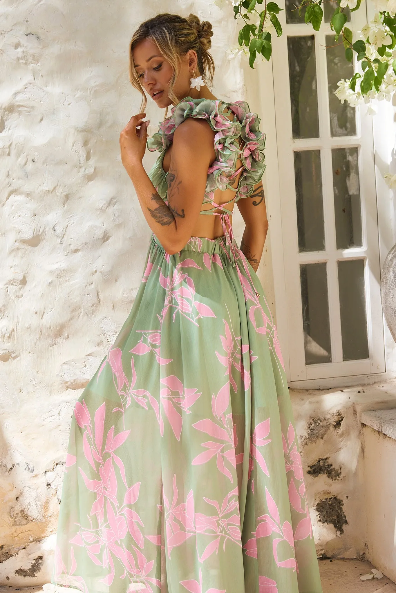 Ethereal Blossom Maxi Dress - Sage Multi