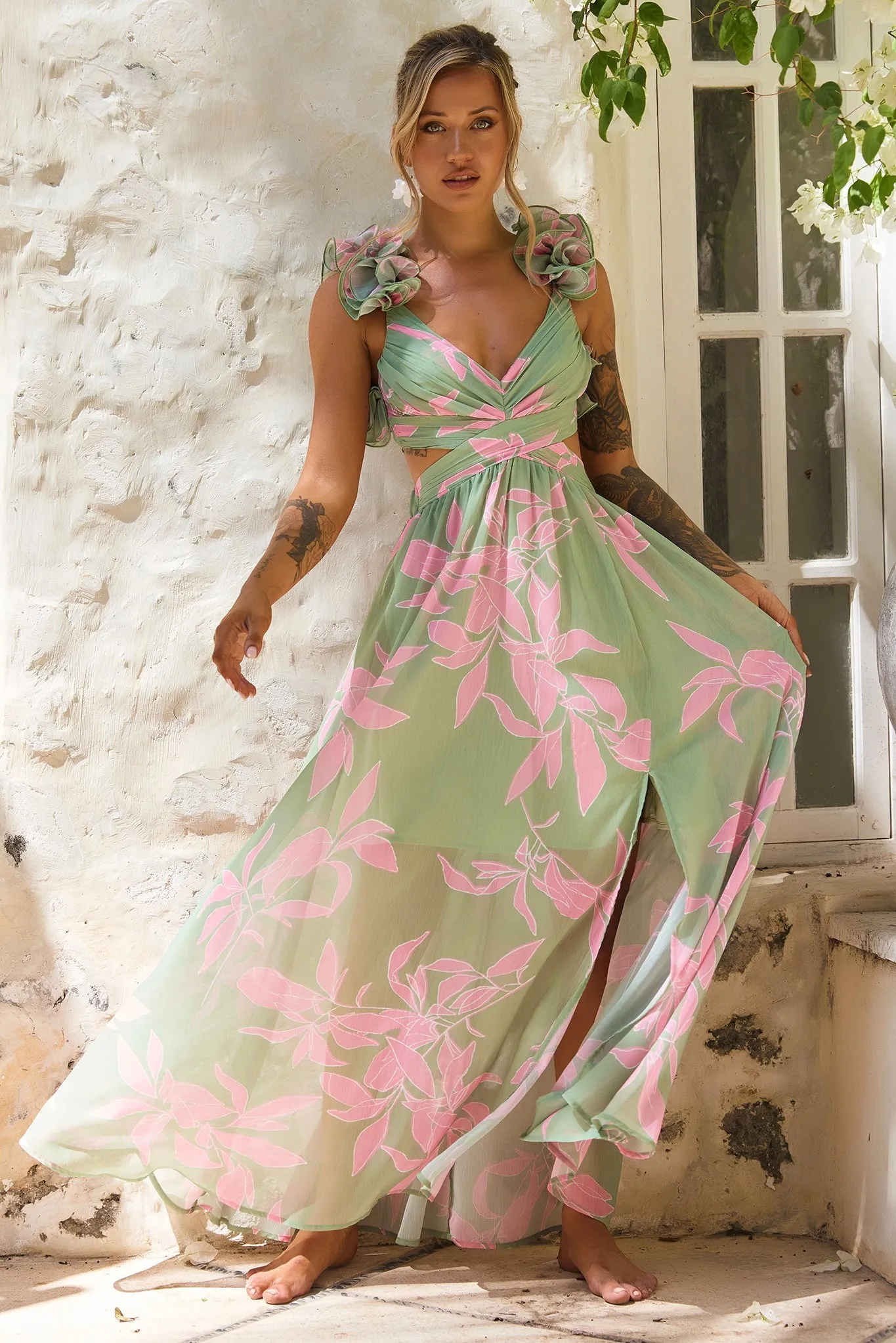 Ethereal Blossom Maxi Dress - Sage Multi