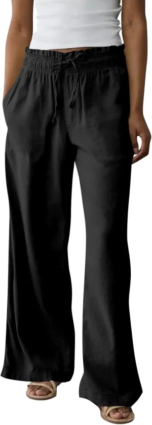 GOFULY Linen Wide Leg Pants for Women 2025 High Waisted Pants Casual Elastic Waist Drawstring Summer Trouser with Pockets