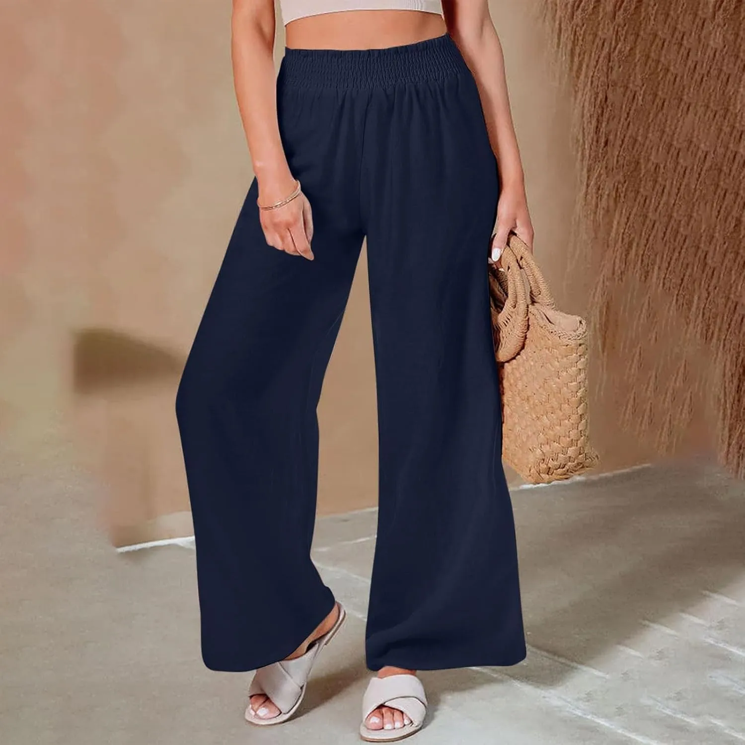 High Rise Trousers Women, High Waisted Palazzo Pants, Wide Leg Work Pants with Pockets for Comfort and Style