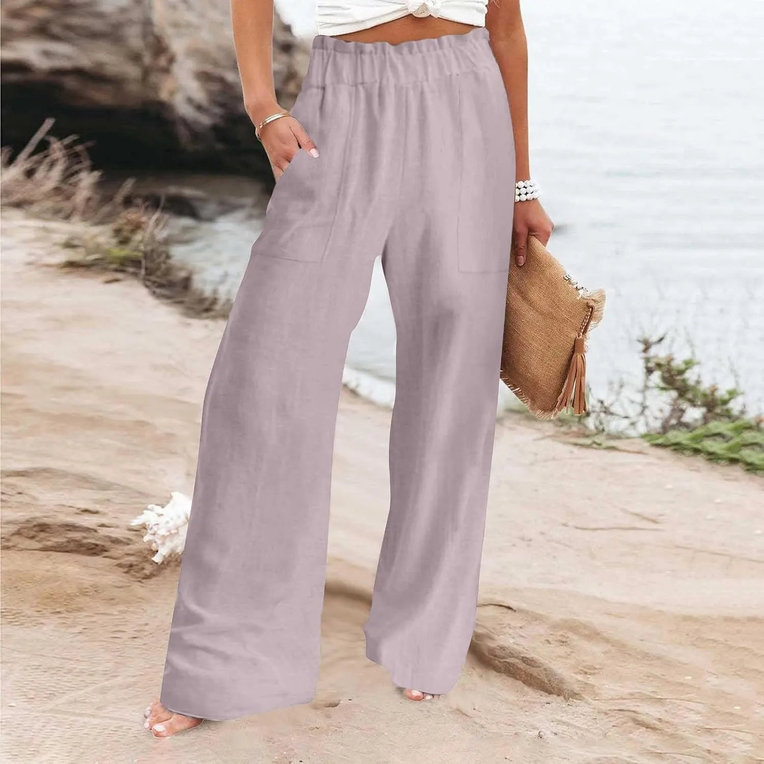 High Waisted Palazzo Pants Women Wide Leg Trousers, Casual Linen Pants with Pockets for Work or Lounge