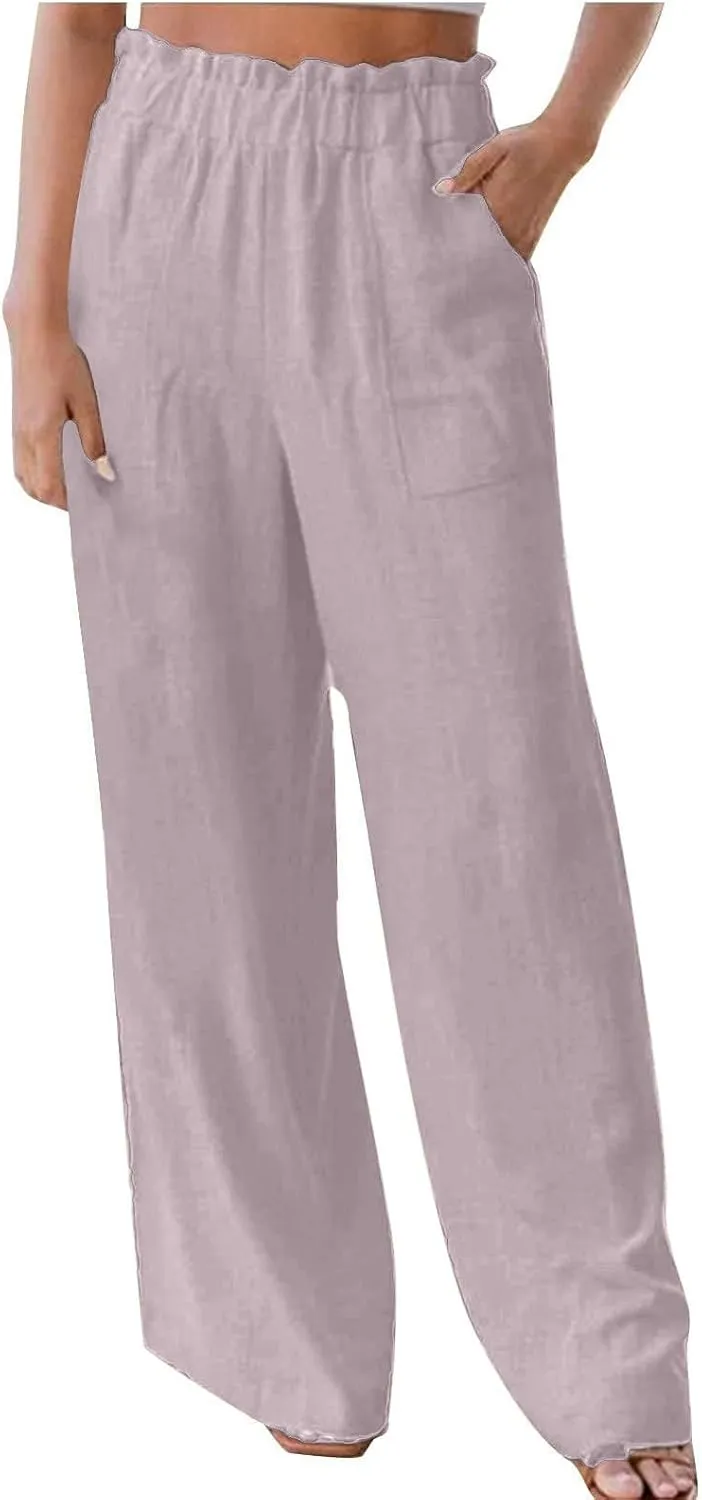 High Waisted Palazzo Pants Women Wide Leg Trousers, Casual Linen Pants with Pockets for Work or Lounge