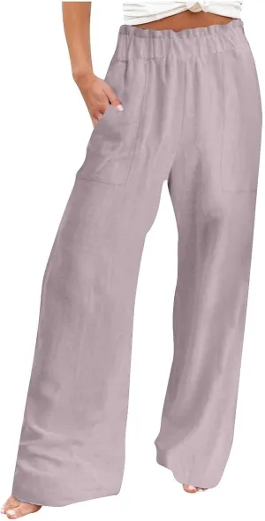 High Waisted Palazzo Pants Women Wide Leg Trousers, Casual Linen Pants with Pockets for Work or Lounge