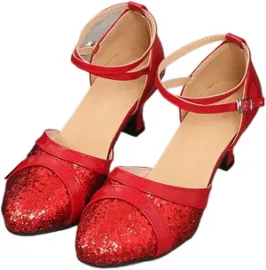 Latin Dance Shoes for Women Latin Dance Shoes for Women Sequin Adult Female Sandals Soft Sole Indoor Ballroom Tango Shoe Closed Toe Salsa Dancing Shoes(35mm Red Ballroom,US4.5-FR35)