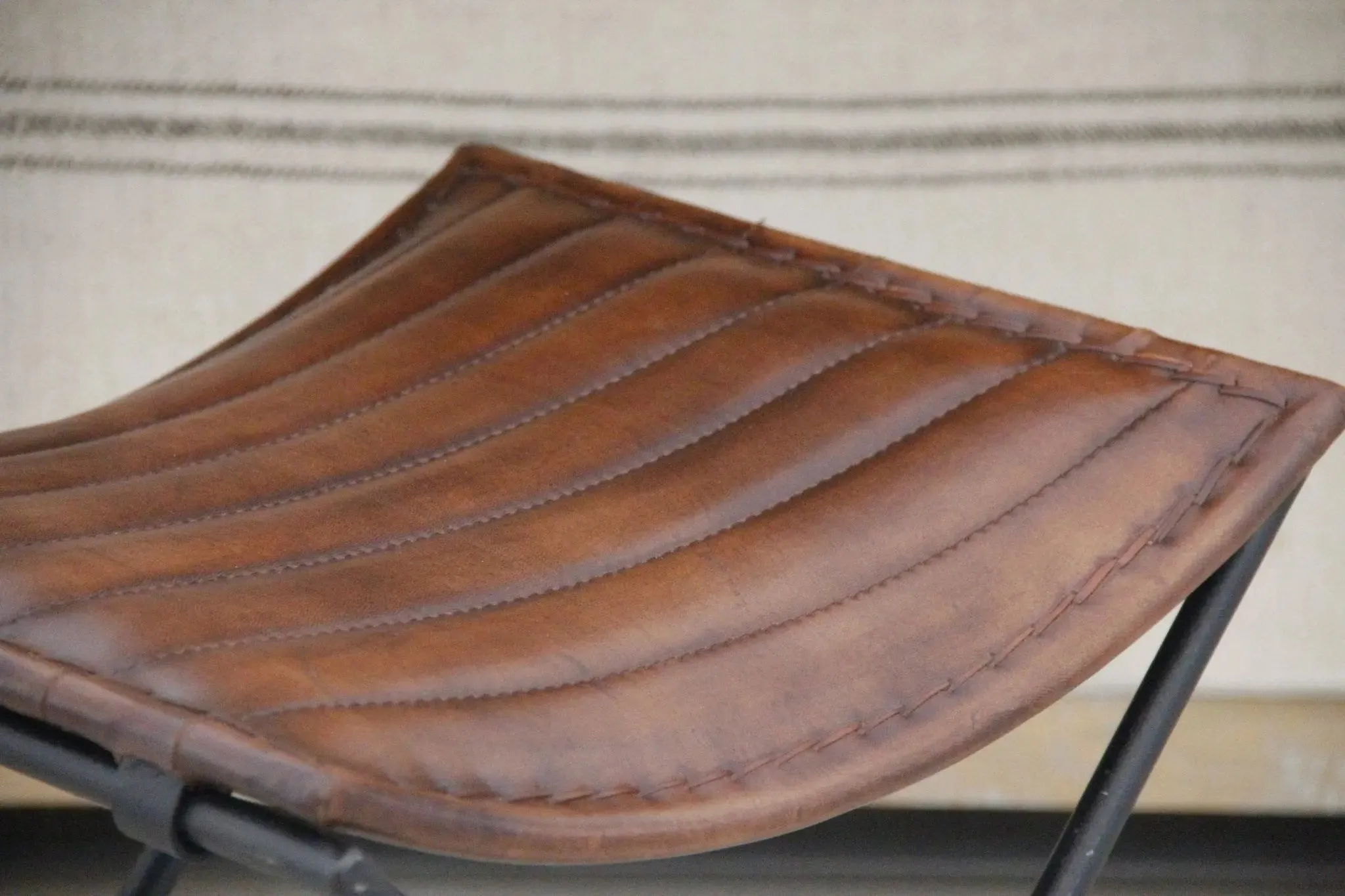 Leather Folding Stool | Brown With Black Iron | 2 Piece Bench