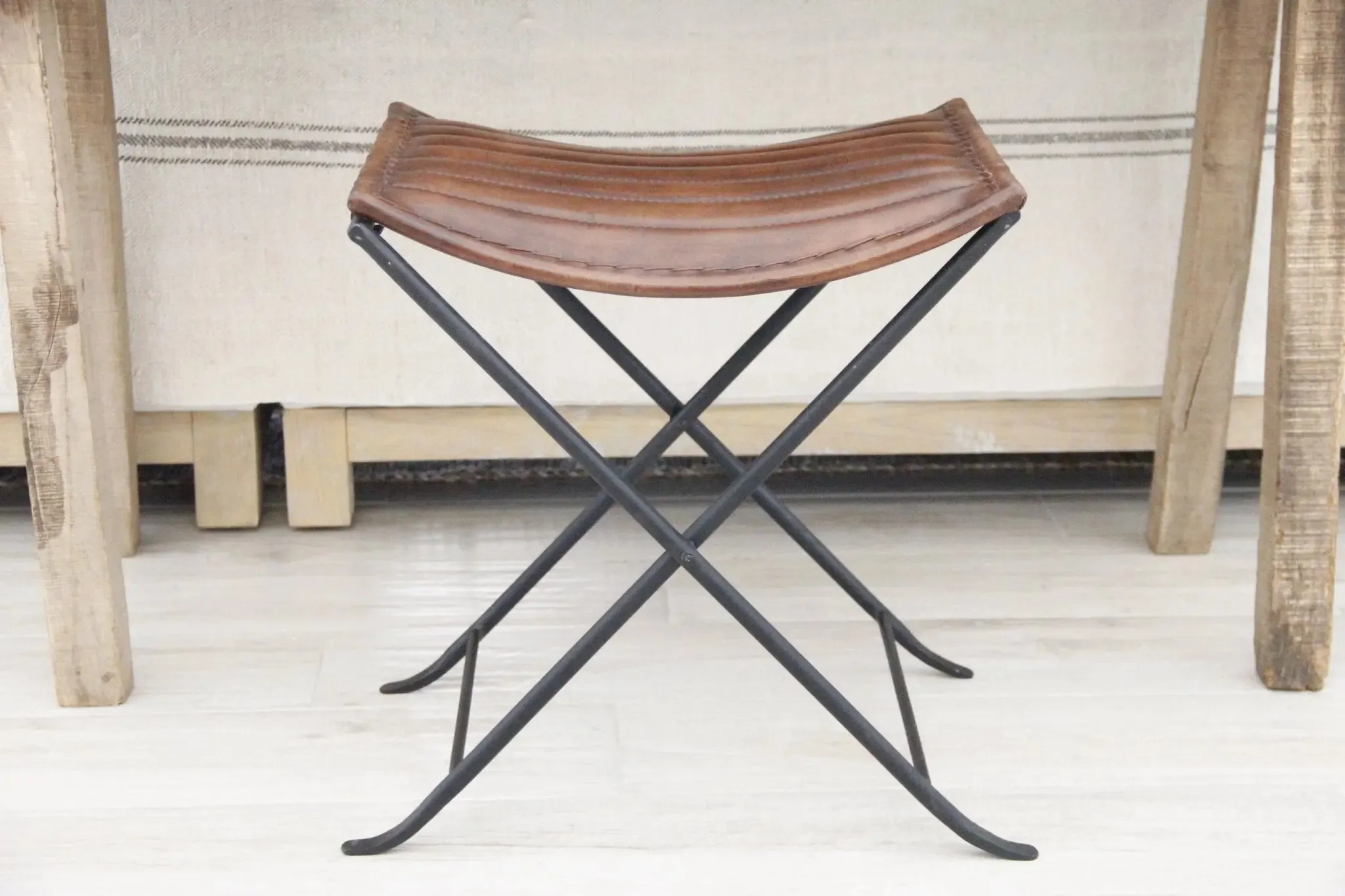 Leather Folding Stool | Brown With Black Iron | 2 Piece Bench