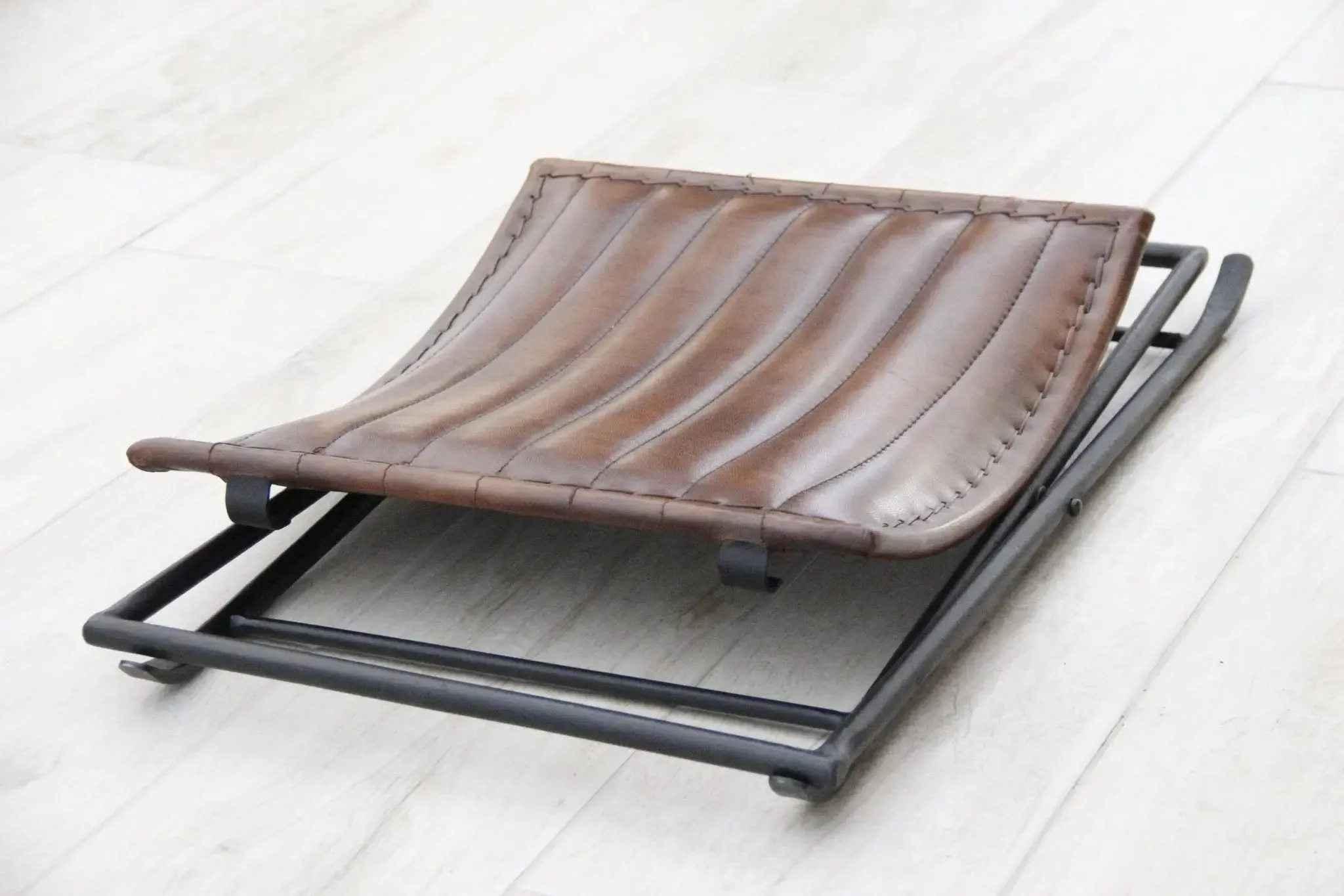 Leather Folding Stool | Brown With Black Iron | 2 Piece Bench