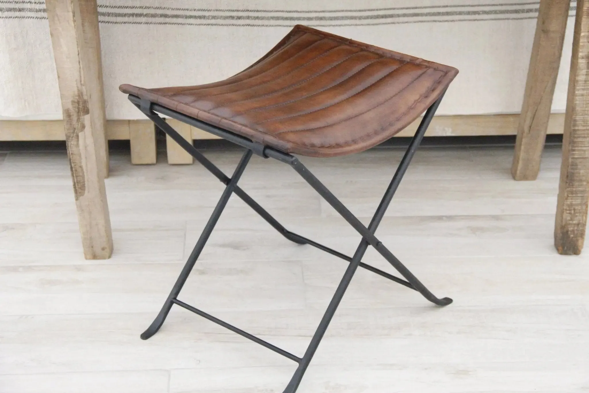 Leather Folding Stool | Brown With Black Iron | 2 Piece Bench