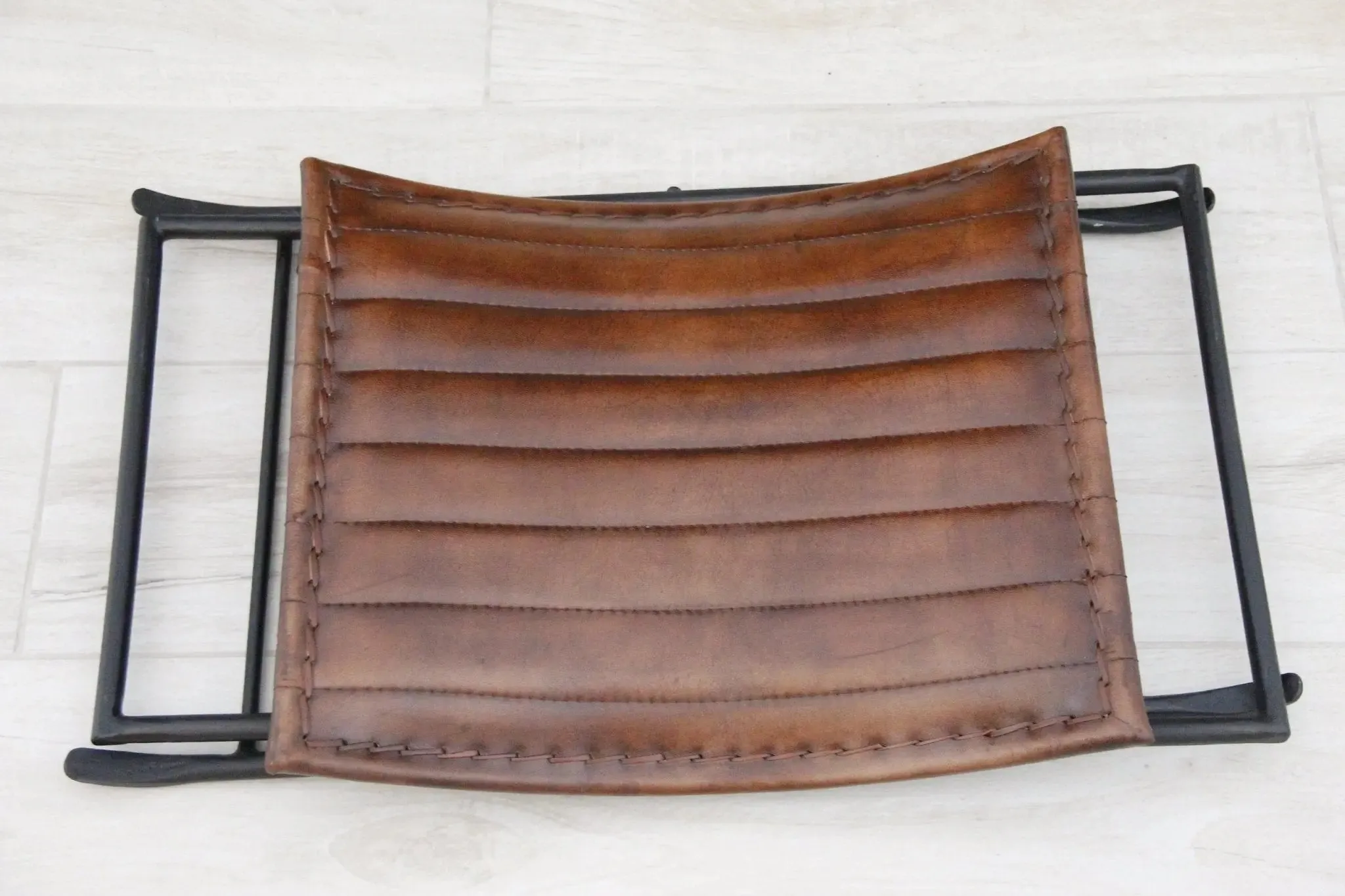 Leather Folding Stool | Brown With Black Iron | 2 Piece Bench