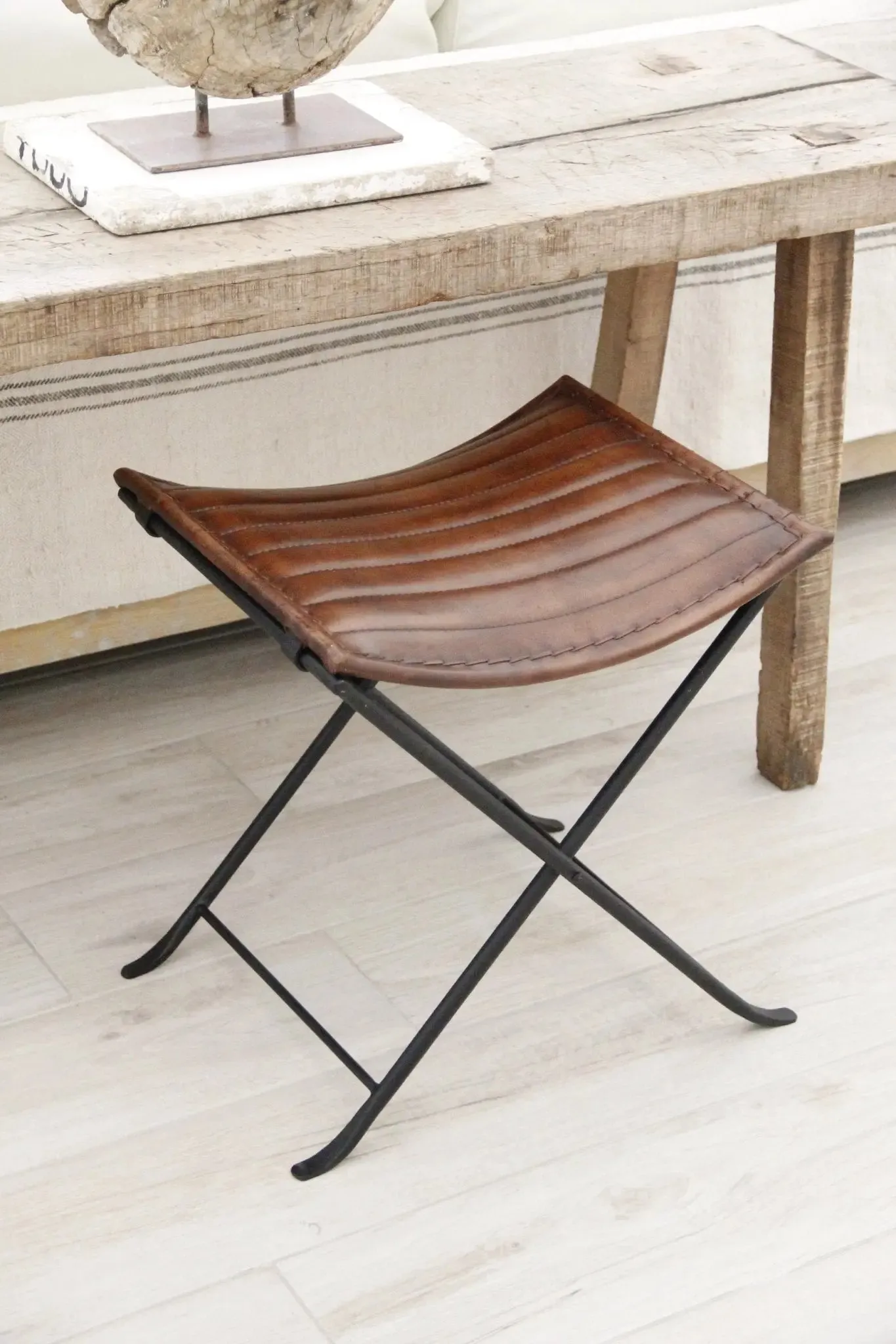Leather Folding Stool | Brown With Black Iron | 2 Piece Bench