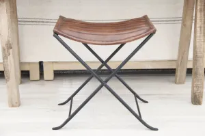 Leather Folding Stool | Brown With Black Iron | 2 Piece Bench