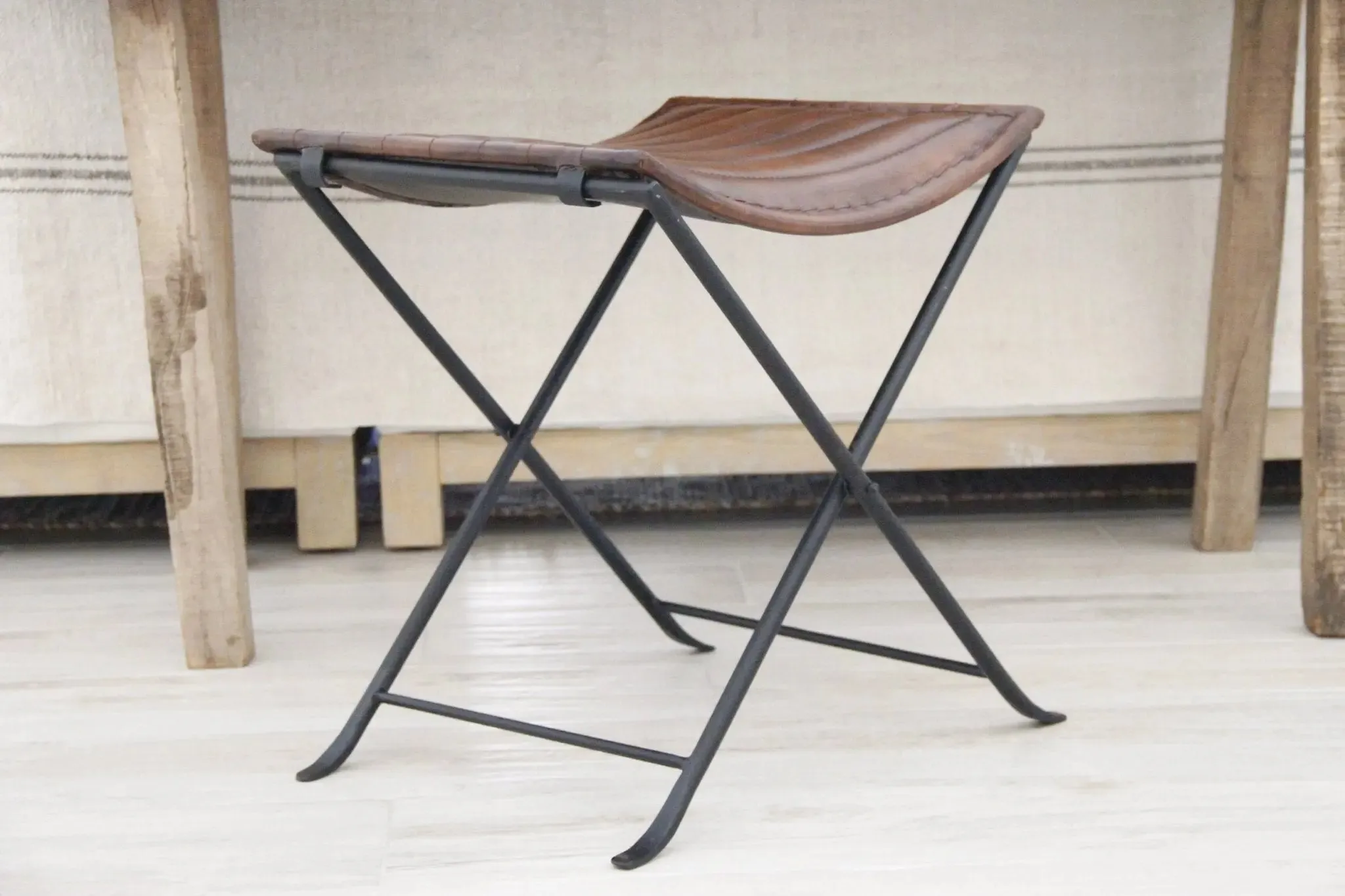 Leather Folding Stool | Brown With Black Iron | 2 Piece Bench