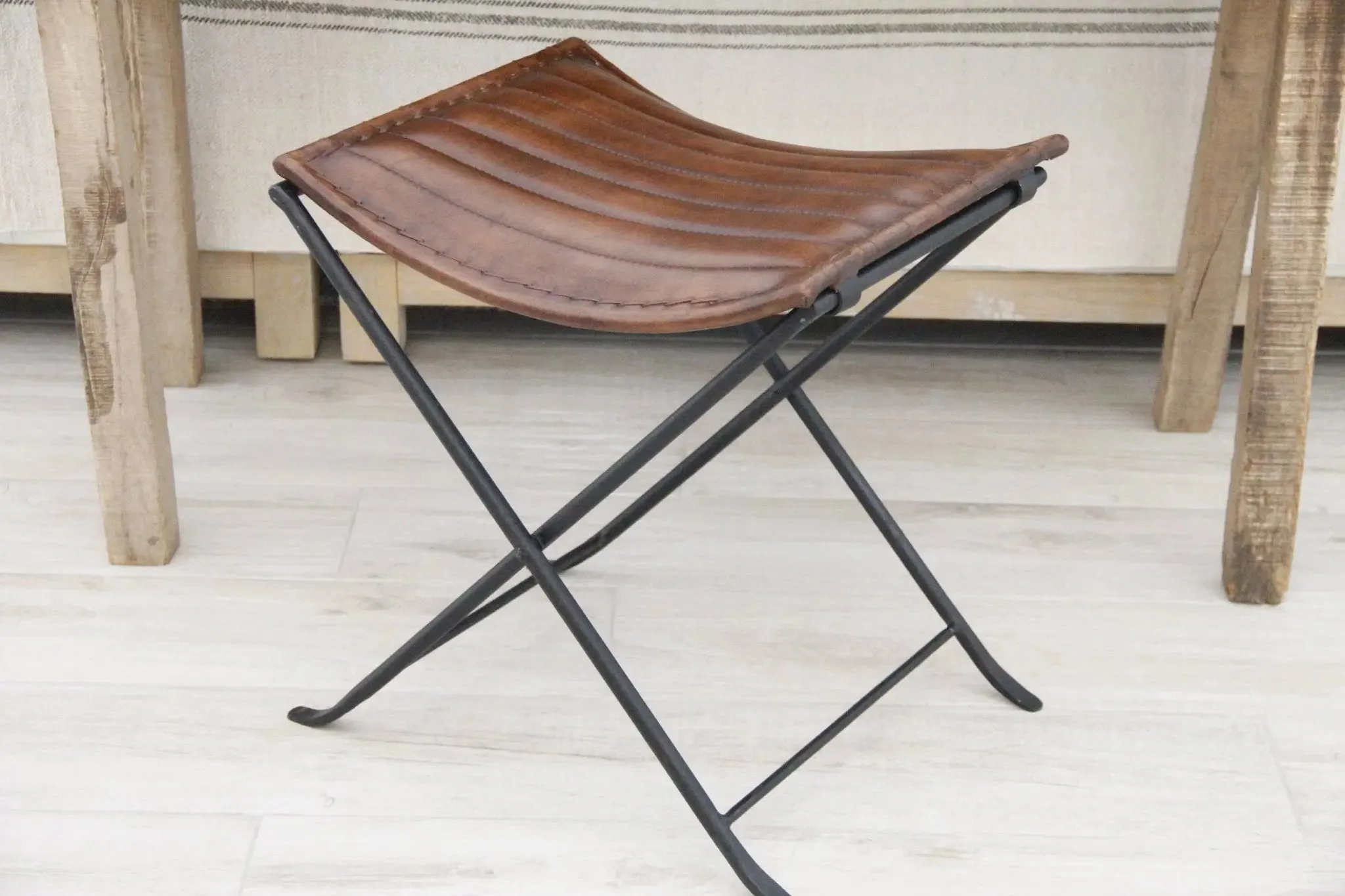 Leather Folding Stool | Brown With Black Iron | 2 Piece Bench