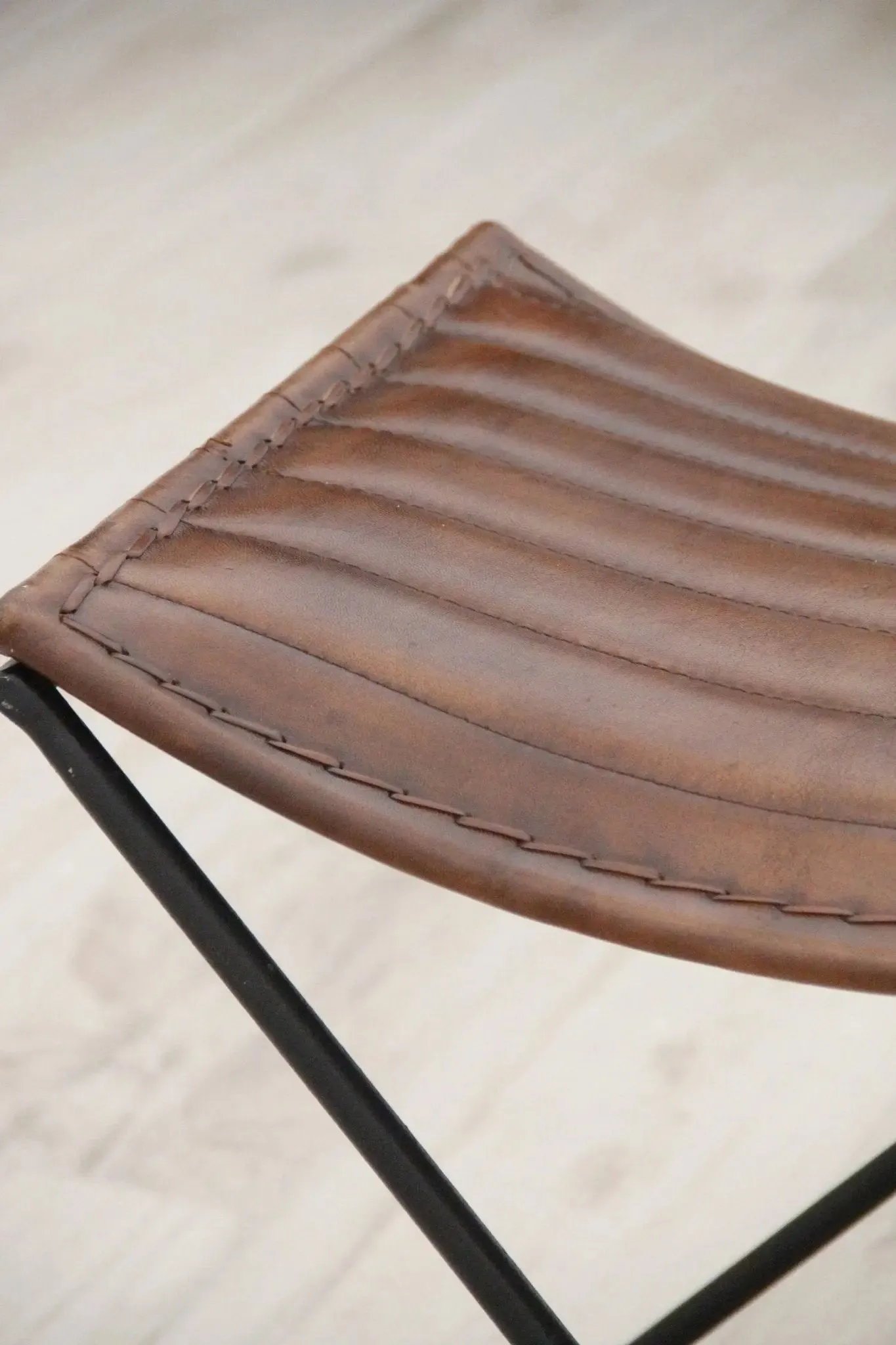Leather Folding Stool | Brown With Black Iron | 2 Piece Bench