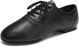 Leather Jazz Shoe for Women and Girls, Lace Up Performane Practice Dance Shoes Low Heel Split Sole