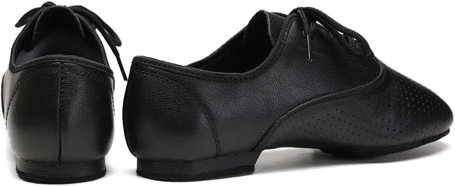 Leather Jazz Shoe for Women and Girls, Lace Up Performane Practice Dance Shoes Low Heel Split Sole