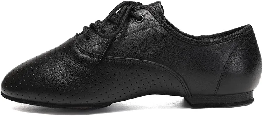 Leather Jazz Shoe for Women and Girls, Lace Up Performane Practice Dance Shoes Low Heel Split Sole