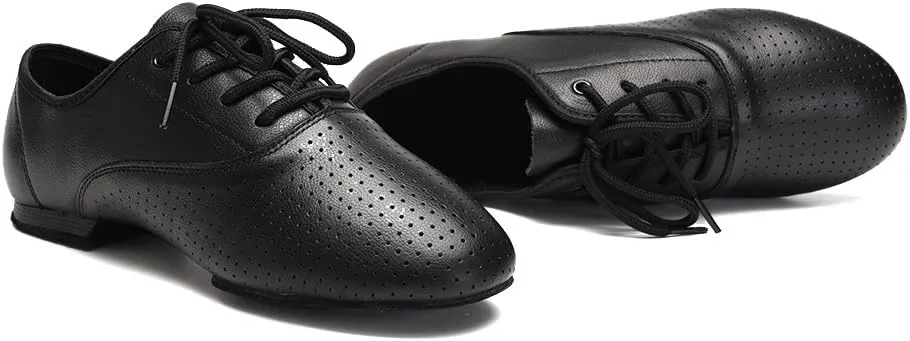 Leather Jazz Shoe for Women and Girls, Lace Up Performane Practice Dance Shoes Low Heel Split Sole