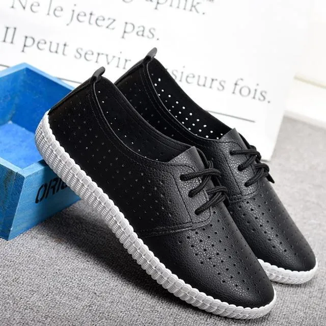 Leather woman shoes casual white tie rubber soft bottom sneakers