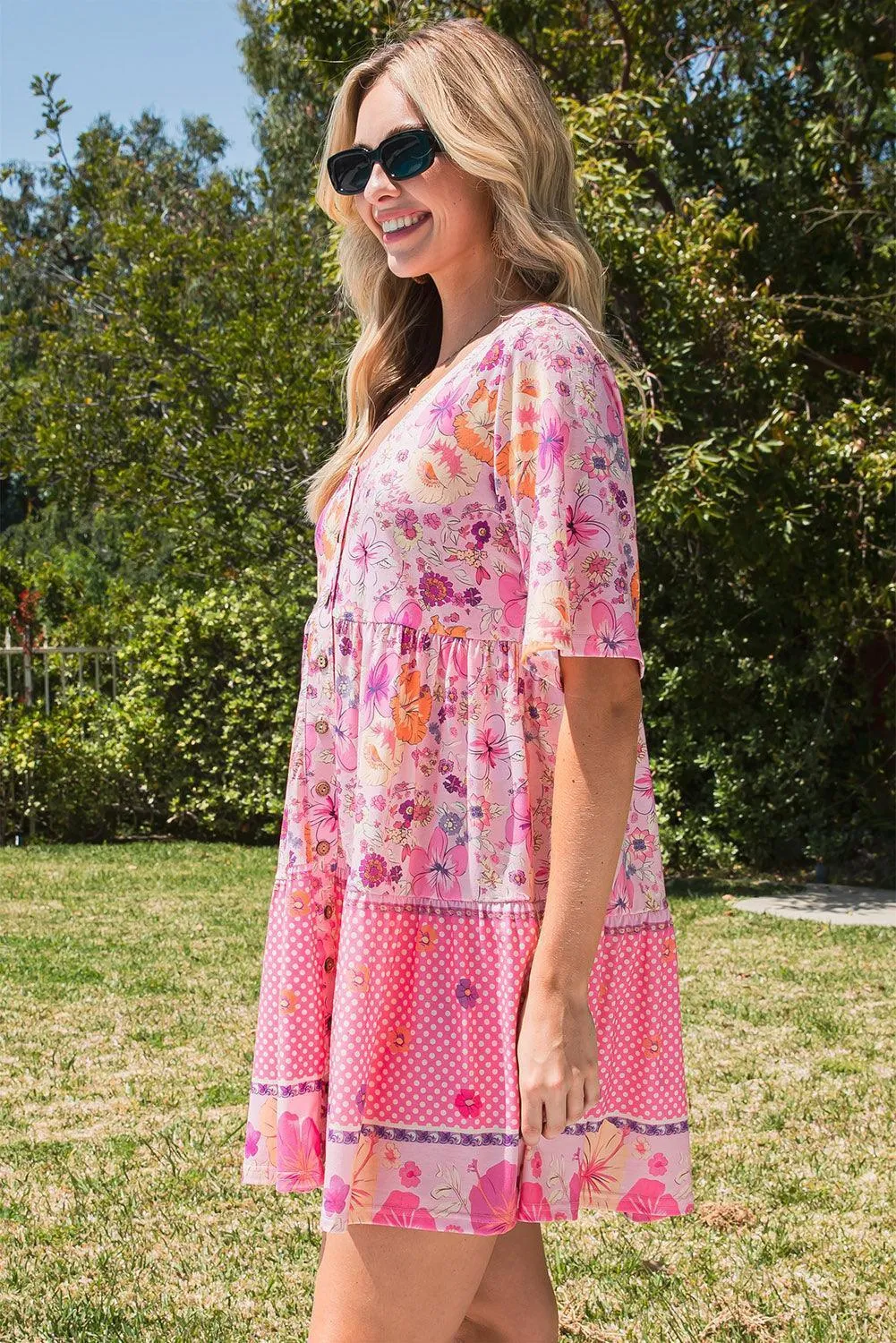 Light And Airy Buttoned Polka Dot Floral Mini Dress