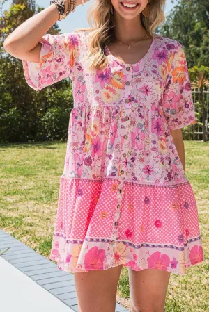 Light And Airy Buttoned Polka Dot Floral Mini Dress
