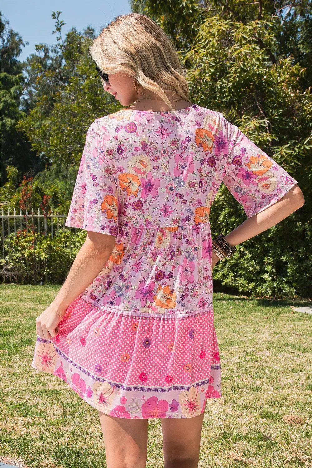 Light And Airy Buttoned Polka Dot Floral Mini Dress