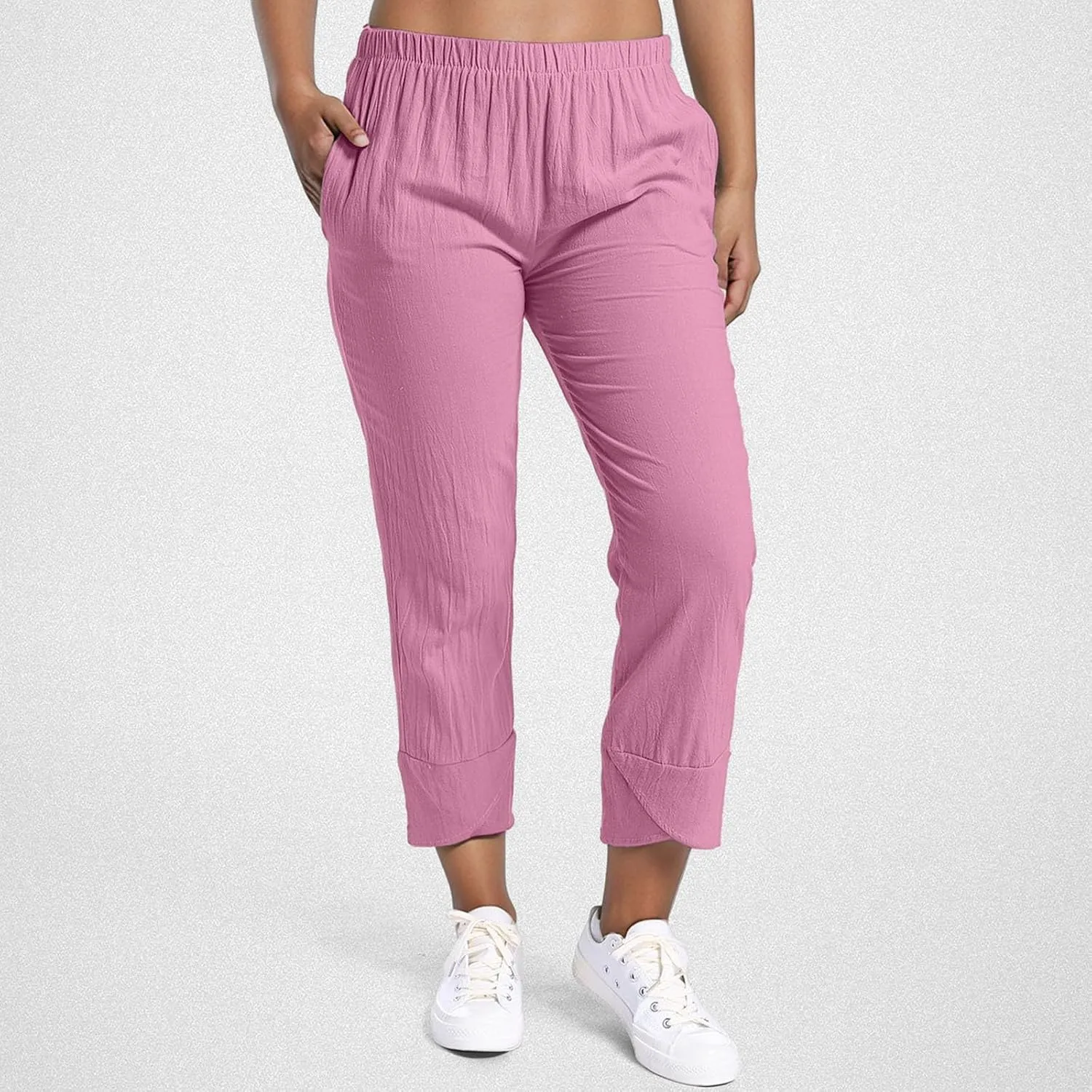 Linen Capri Pants Womens Casual Summer Trendy Elastic Waist Loose Trouser Lounge Athletic Yoga Pants Beach Plus Size