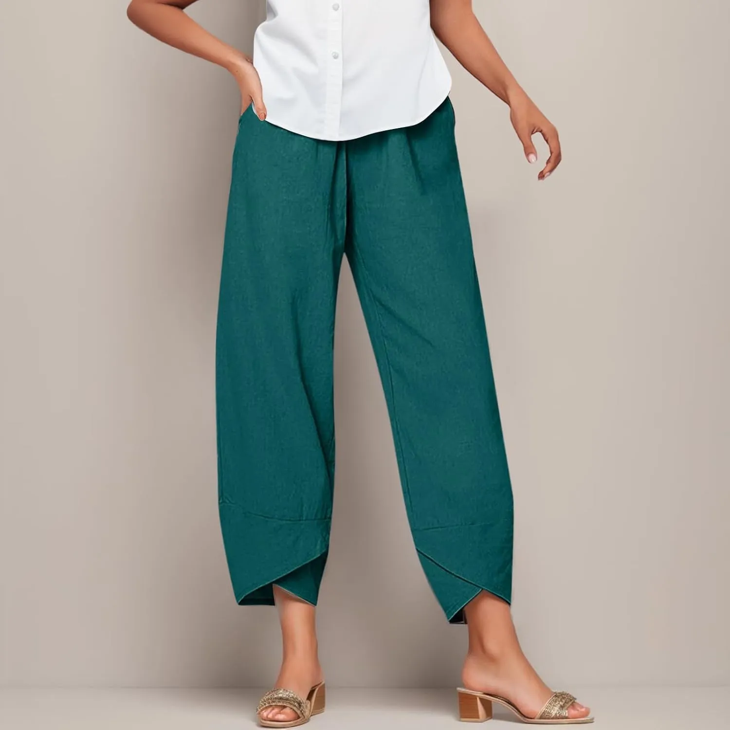 Linen Pants Women Casual Summer Capris Lightweight Cropped Pant Baggy Palazzo Pants Soft Wide Leg Trousers Pants with Pockets